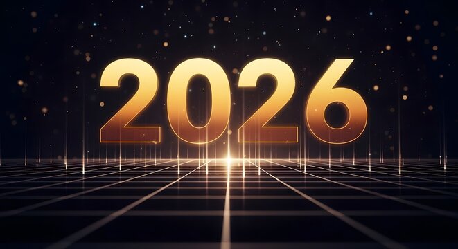 Golden 2026 new year celebration on a dark grid background
