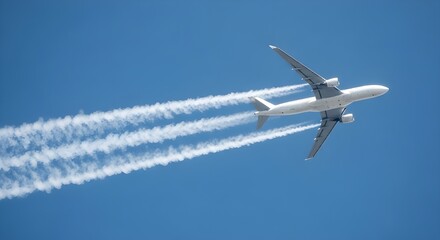 Commercial jet airplane flying through a clear blue sky leaving white contrails