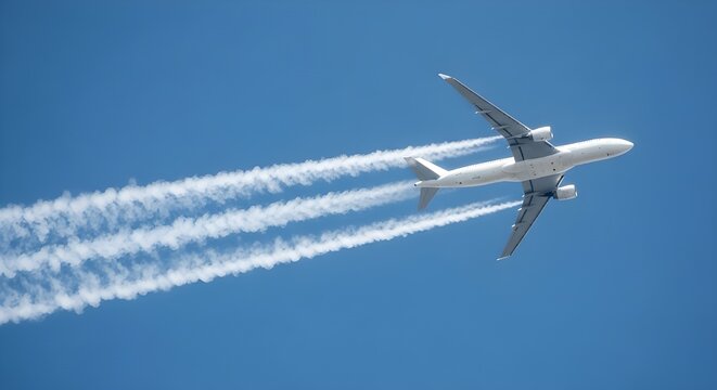 Commercial jet airplane flying through a clear blue sky leaving white contrails