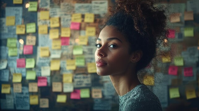 Woman poses in front of a wall covered in sticky notes.  Possible use Stock photo for articles on productivity, creativity, inspiration, or design