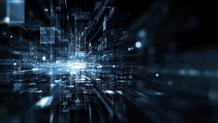 Abstract digital futuristic cityscape with glowing blue lights and data streams