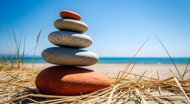 Zen stone stack balanced on a sandy beach with ocean and sky background