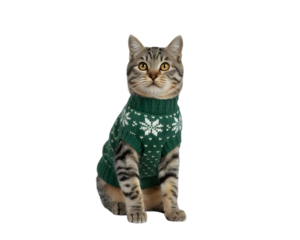 Adorable tabby cat wearing a festive green Christmas sweater with white snowflakes, perfect for holiday greetings, winter designs, and pet-themed seasonal promotions. Cute kitten studio shot on bla