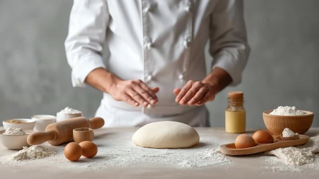 Passionate baker kneads dough in a cozy kitchen with eggs, flour, and baking tools for homemade pastry creation 4k video footage