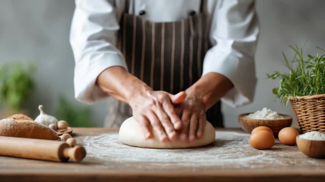 Hands of Baker Preparing Fresh Dough on a Wooden Table Surrounded by Ingredients for Delicious Bread and Pastries 4k video footage