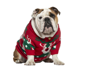 A cute bulldog in a festive red and green Christmas sweater with reindeer and snowflakes, isolated on black. Perfect for holiday pet themes, greeting cards, or festive promotions.