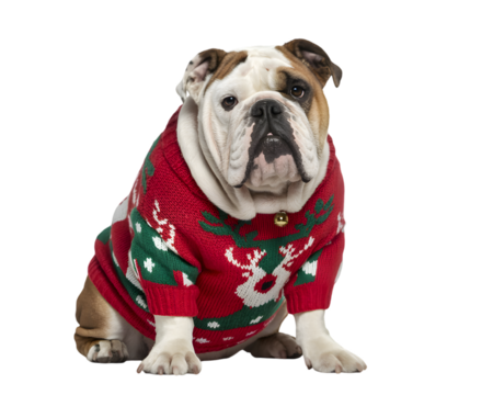 A cute bulldog in a festive red and green Christmas sweater with reindeer and snowflakes, isolated on black. Perfect for holiday pet themes, greeting cards, or festive promotions.