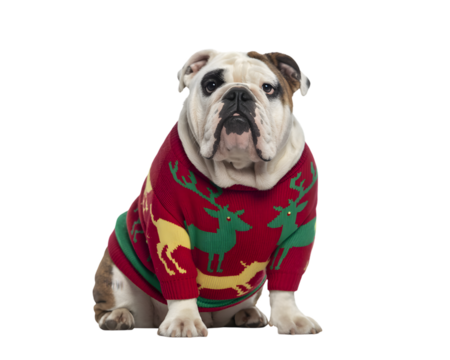 Charming bulldog in a vibrant red, green, and yellow Christmas sweater with reindeer patterns, sitting on a black background. Ideal festive pet for holiday ads, greeting cards, and winter promotion