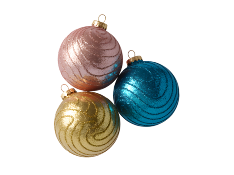 Sparkling Christmas ornaments: pink, gold, and blue glitter baubles isolated on a black background. Perfect for festive holiday decoration, greeting cards, or winter celebration designs, adding gla