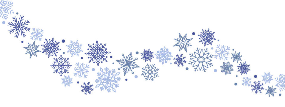 Winter border with light blue snowflakes on white background. Minimal festive garland for Christmas and New Year decoration. Frosty elegant design for greeting card or banner. Flat simple illustration