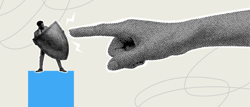 Halftone business person blocking a giant pointing finger with a shield symbolising pressure protection and resilience