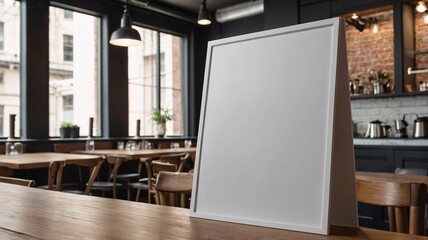Stylish blank signboard in a modern cafe, perfect for menu displays or promotional offers.