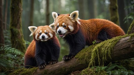 Two adorable red pandas playfully pose on a mossy log in a serene forest setting.