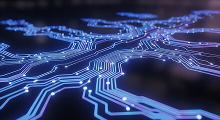 Abstract glowing blue circuit board pathways with digital connections