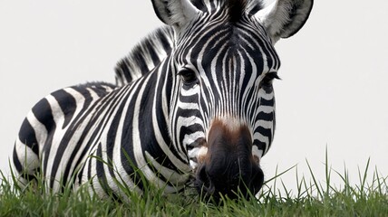 A close-up of a resting zebra with striking black and white stripes, surrounded by lush green grass, showcasing its calm demeanor.