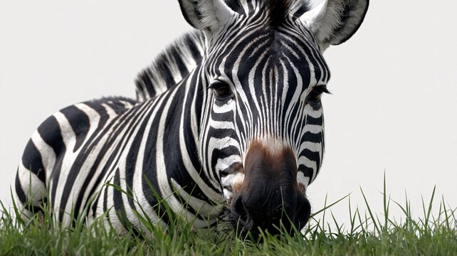 A close-up of a resting zebra with striking black and white stripes, surrounded by lush green grass, showcasing its calm demeanor. - Powered by Adobe