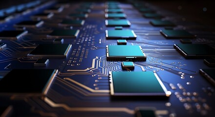 Close up of glowing blue circuit board with integrated circuits and pathways