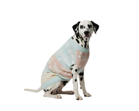 Adorable Dalmatian dog wearing a festive Christmas sweater with snowflake patterns. Perfect for holiday pet themes, winter designs, and cute animal content. - Powered by Adobe