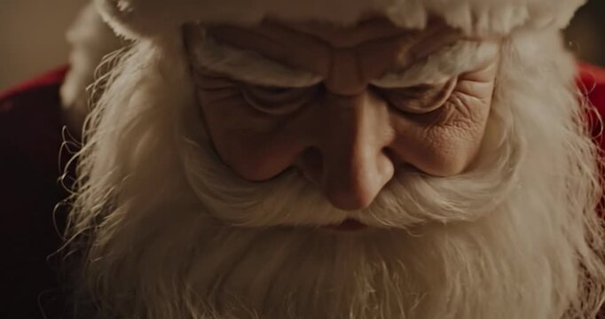 Santa's bowed head, focused gaze, conveying humility and dedication.