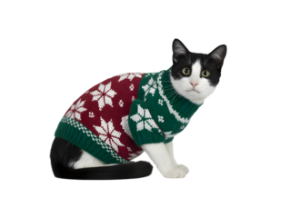 Cute tuxedo cat wearing a festive red and green Christmas sweater with white snowflake patterns. Adorable holiday pet portrait, perfect for winter and seasonal designs with a cozy, cheerful vibe.