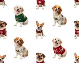 Adorable dogs in festive Christmas sweaters create a charming holiday pattern. Featuring cute pups like Labrador, Beagle, Corgi, and more, dressed in colorful seasonal attire, perfect for cheerful 