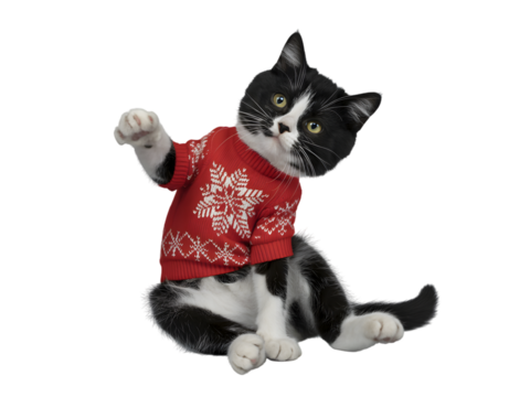 Cute black and white kitten wearing a festive red Christmas sweater with snowflakes, perfect for holiday greetings, winter seasonal promotions, or fun animal-themed Christmas banners and cards.