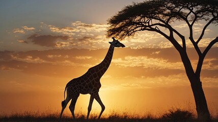 A majestic giraffe walks gracefully under a tree silhouette at sunset, showcasing the beauty of the African savanna.