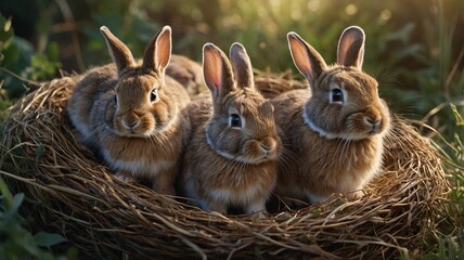 Three adorable brown rabbits nestled together in a cozy nest, surrounded by lush green grass and soft sunlight.