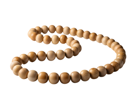 Elegant string of natural wooden beads gracefully arranged on a minimalist black background. Ideal for craft, meditation, spiritual, or decorative themes, highlighting simplicity and earthy texture