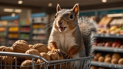 A curious gray squirrel happily sitting in a shopping cart filled with walnuts in a grocery store.