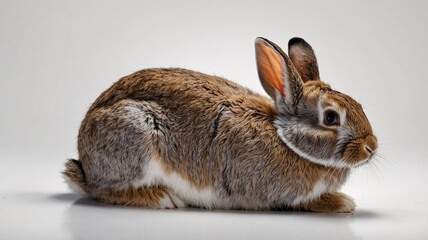 Obraz premium A fluffy brown and white rabbit sits calmly, showcasing its fur and large ears against a neutral background.