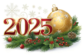"Festive 2025 Holiday Greeting with Golden Ornament, Red Berries, and Snowflakes"
