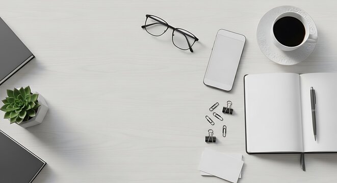 Minimalist flat lay of desk essentials including a notebook coffee and glasses