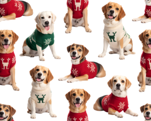 Adorable dogs in festive Christmas sweaters on a transparent background, perfect for holiday greetings, pet-themed designs, and winter celebrations. Cute puppies ready for the season.