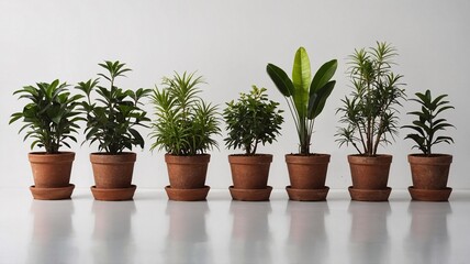 Fototapeta premium A serene display of diverse indoor plants in terracotta pots against a minimalist background.