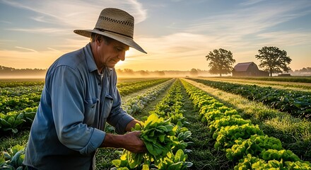 A farmer harvesting lettuce in a field at sunrise with a barn and trees in the background on a farm