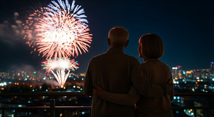 Romantic senior couple embracing on a balcony, watching a vibrant fireworks display over the city at night