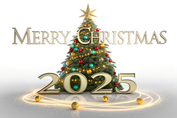 "Festive 'Merry Christmas 2025' Greeting with Decorated Tree and Golden Ornaments on White Background"