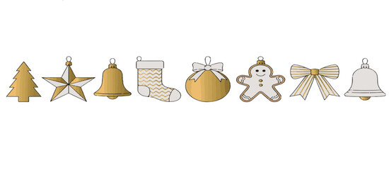 Eight golden and white vector Christmas icons collection featuring festive holiday symbols and decorations