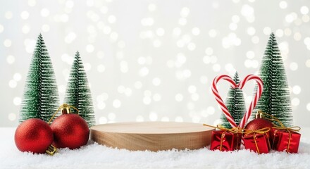 Festive christmas display with trees, ornaments, gifts, and snow