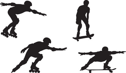 Extreme sports silhouette featuring skateboarders and inline skaters on white background