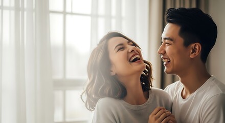 A happy couple laughing together near a bright window with white curtains in a cozy indoor setting