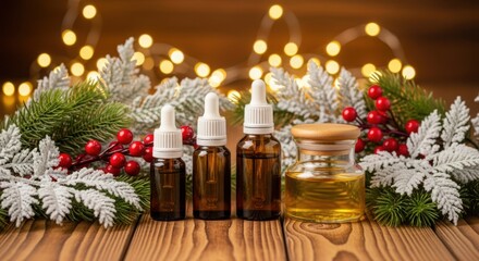 Christmas essential oils and natural care products on rustic wood