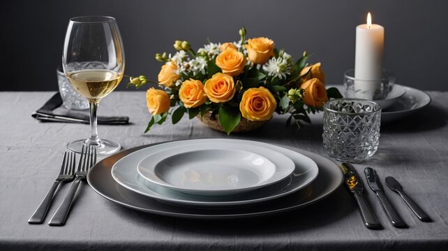 An elegant table setting featuring white plates, a glass of white wine, and a bouquet of orange roses against a soft gray background.