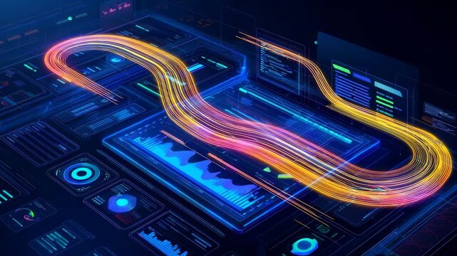 Advanced digital dashboard with neon glowing data flow, colorful analytics charts, and interactive technology interface in a high-tech environment. Concept of big data and innovation. - Powered by Adobe