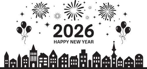 Happy New Year 2026 Celebration with Fireworks and City Skyline Silhouette