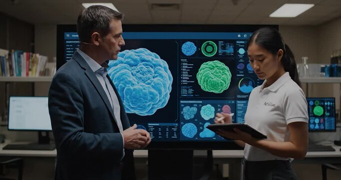 Diverse Scientists Discussing Tumor Data on Interactive Digital Display. Oncology research.