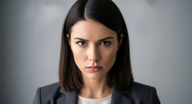 Portrait of a woman with dark hair and a gray suit looking intensely at the viewer with a serious expression