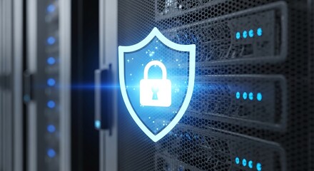 Glowing digital padlock shield icon symbolizing data security and cyber protection within a server room environment, representing network safety and it infrastructure defense