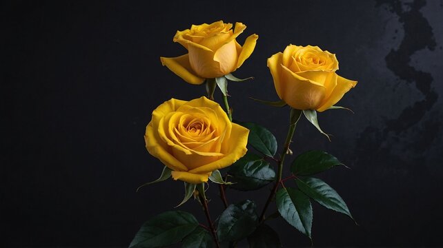 A stunning arrangement of three vibrant yellow roses with lush green leaves against a dark background, exuding elegance and freshness. - Powered by Adobe